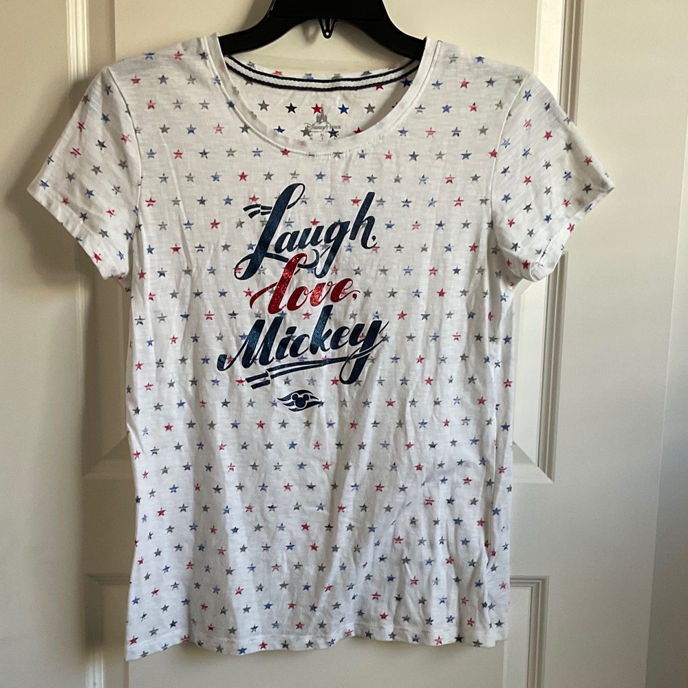 Disney Parks Laugh, Love, Mickey Graphic Tee with Stars - Size Medium